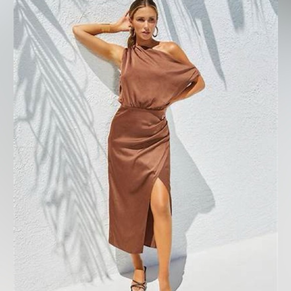 Chocolate satin midi dress. Off shoulder.  Midi length. Never once.